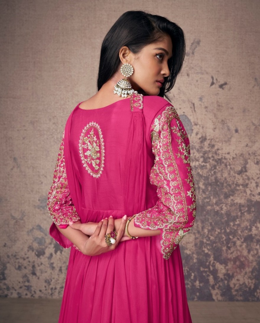 5548 - MAGENTA PINK ANARKALI GOWN IN CHINON SILK WITH EMBELLISHMENTS